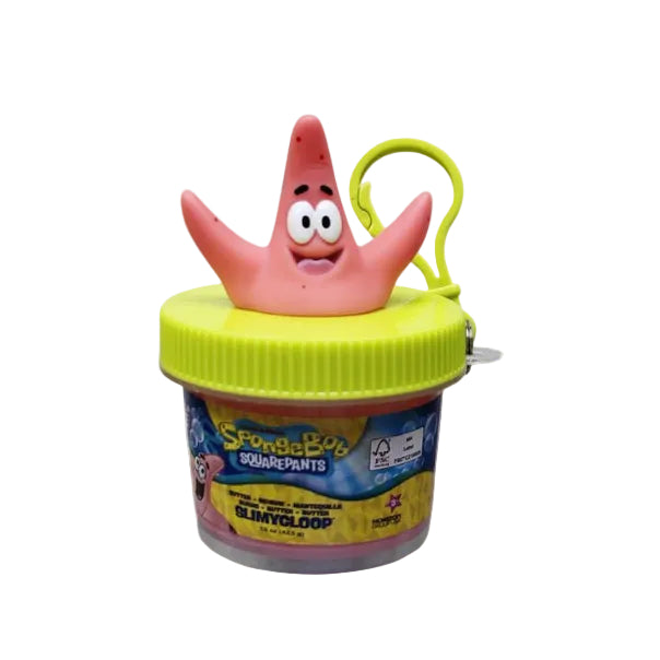 Three SpongeBob-themed glow-in-the-dark keychain containers on a white background, each with a character-shaped lid: SpongeBob, Patrick Star, and Squidward.