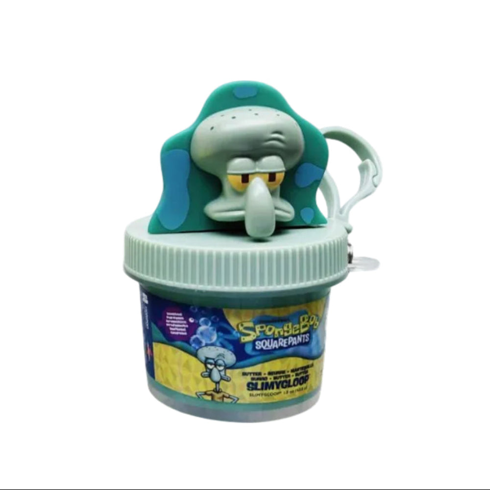 Three SpongeBob-themed glow-in-the-dark keychain containers on a white background, each with a character-shaped lid: SpongeBob, Patrick Star, and Squidward.