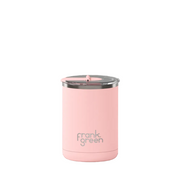 Pink reusable cup with 'frank green' branding on a white background