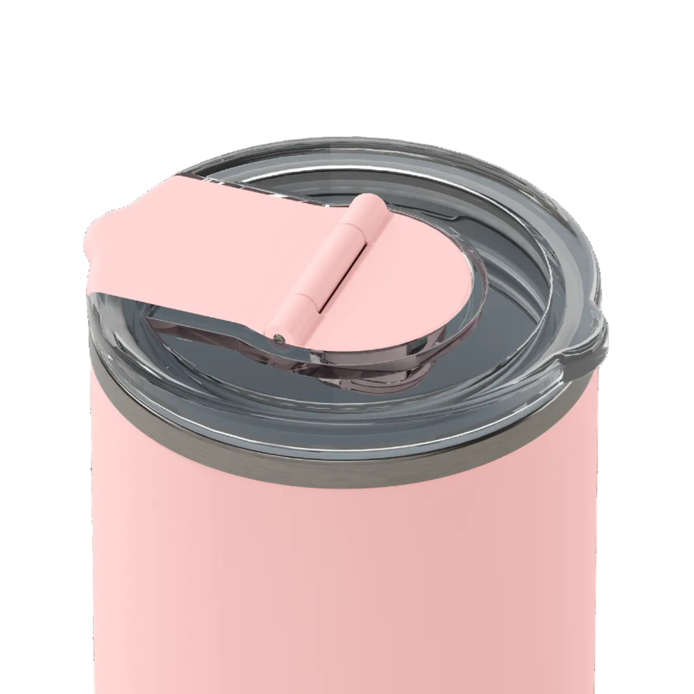 Close-up of a pink insulated tumbler with a clear lid and a light pink flip-straw cover, shown on a white background.