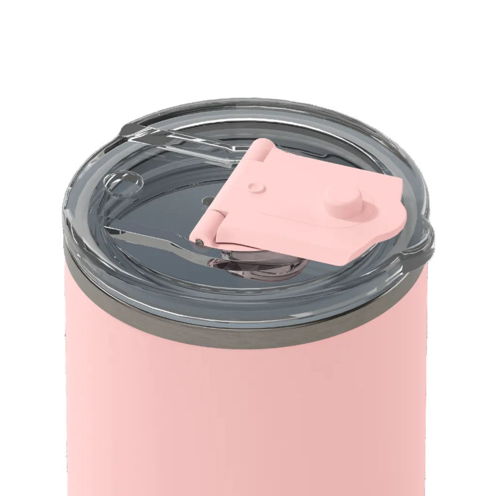 A close-up of a pink insulated tumbler with a clear lid and a light pink flip-straw cover, shown on a plain white background.