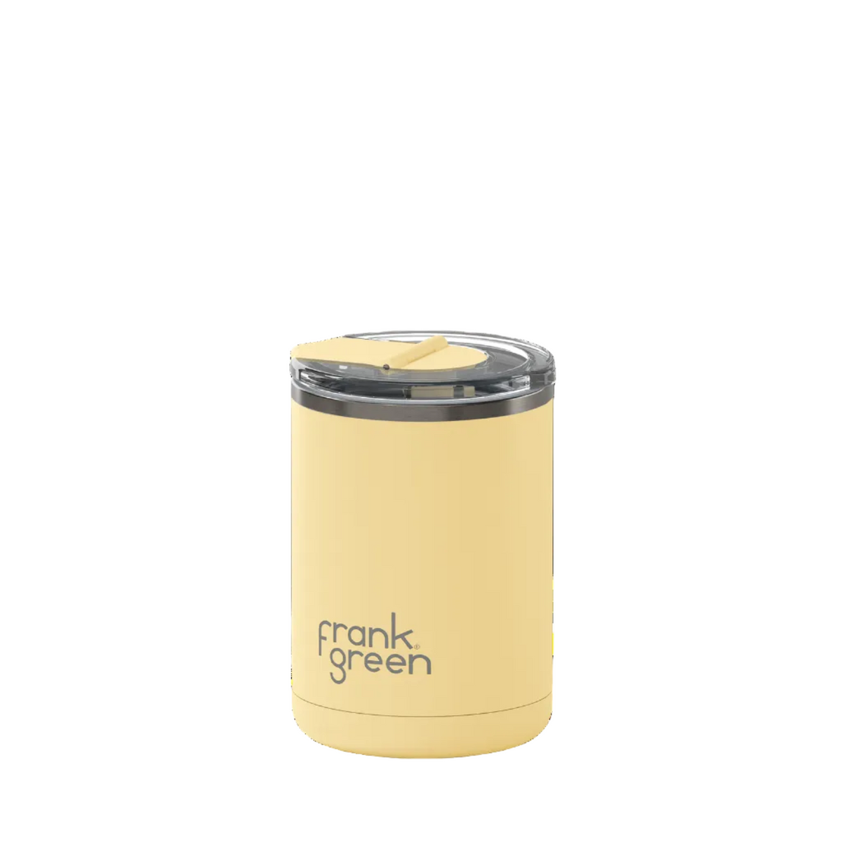 A pale yellow Frank Green vacuum-insulated tumbler with a clear lid and yellow straw, shown on a solid white background.
