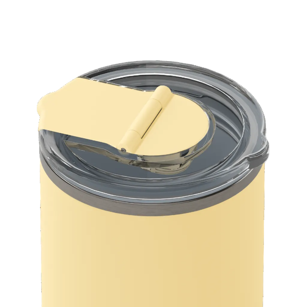 Close-up of a pale yellow insulated tumbler with a flip-top lid, showing the lid and clear plastic rim on a white background.