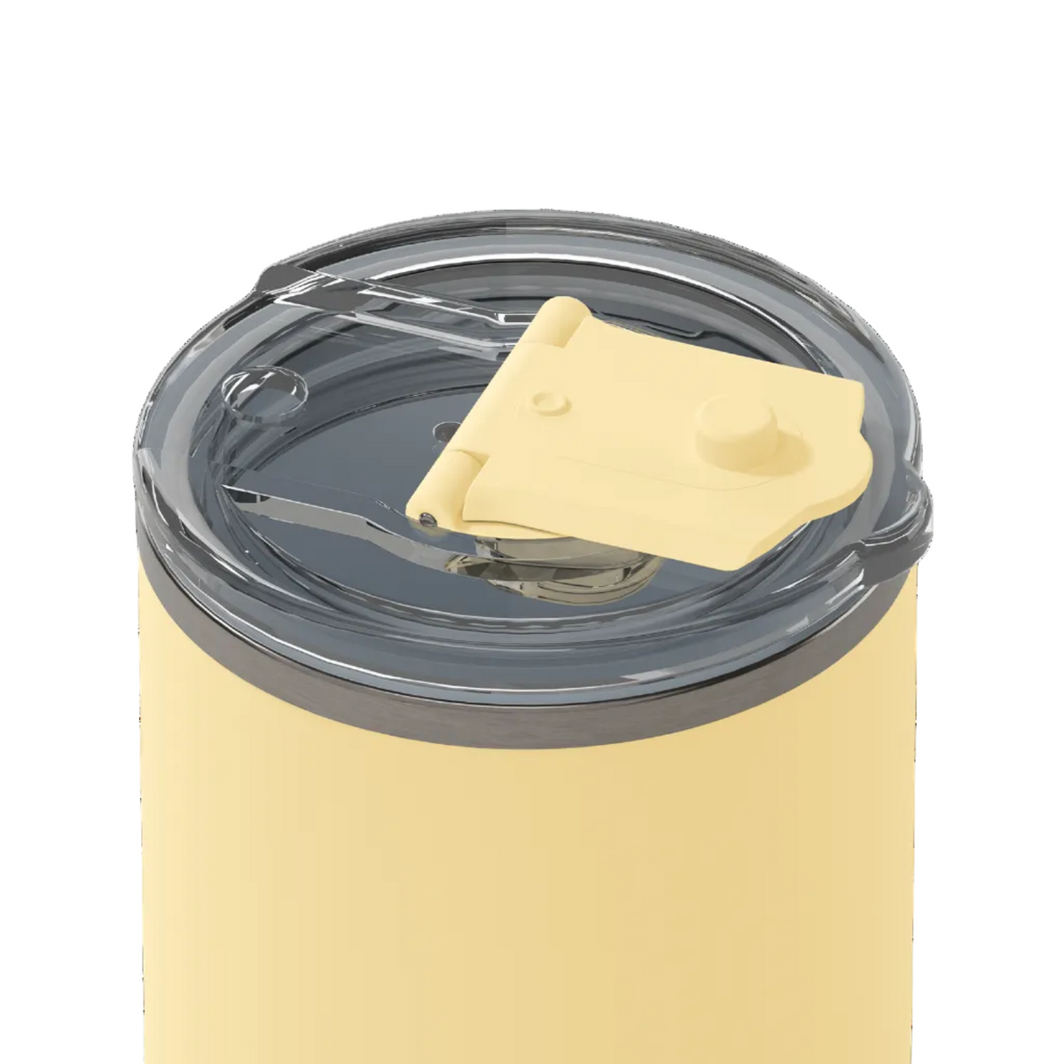 Close-up of a pale yellow insulated tumbler with a dark gray lid and a light yellow flip-straw cover, shown on a white background.