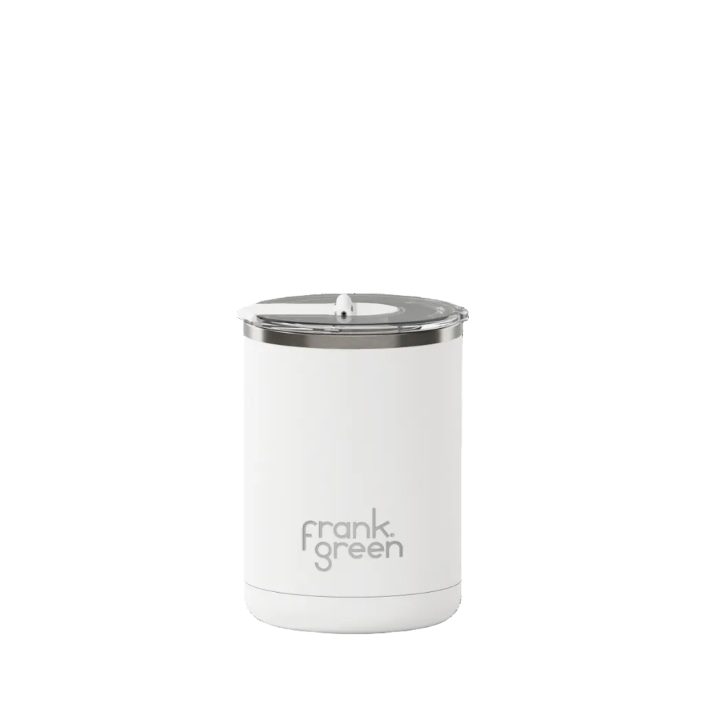 White reusable cup with silver lid on a white background, featuring the 'frank green' brand.