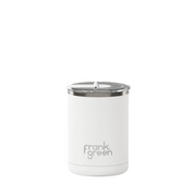 White reusable cup with silver lid on a white background, featuring the 'frank green' brand.