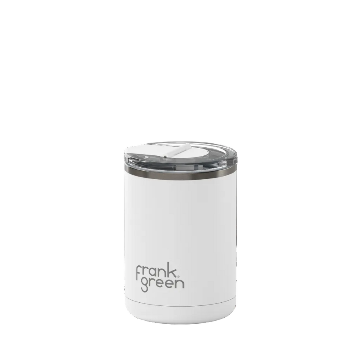 A white insulated tumbler with a clear lid and the 'frank green' logo printed in black on the front, set against a solid white background.