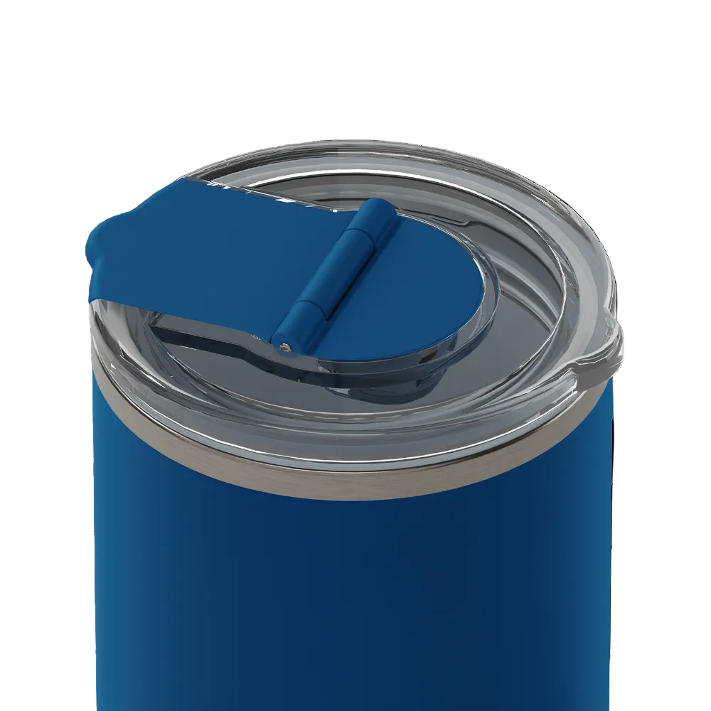 Close-up of a blue insulated tumbler with a clear lid and blue flip-top spout, shown on a white background.