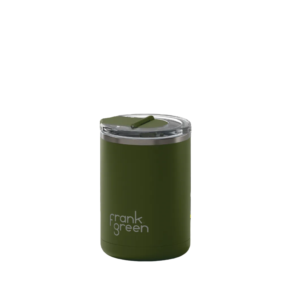 An olive green vacuum-insulated tumbler with a clear lid and a green straw, featuring the 'frank green' logo on the front, set against a plain white background.