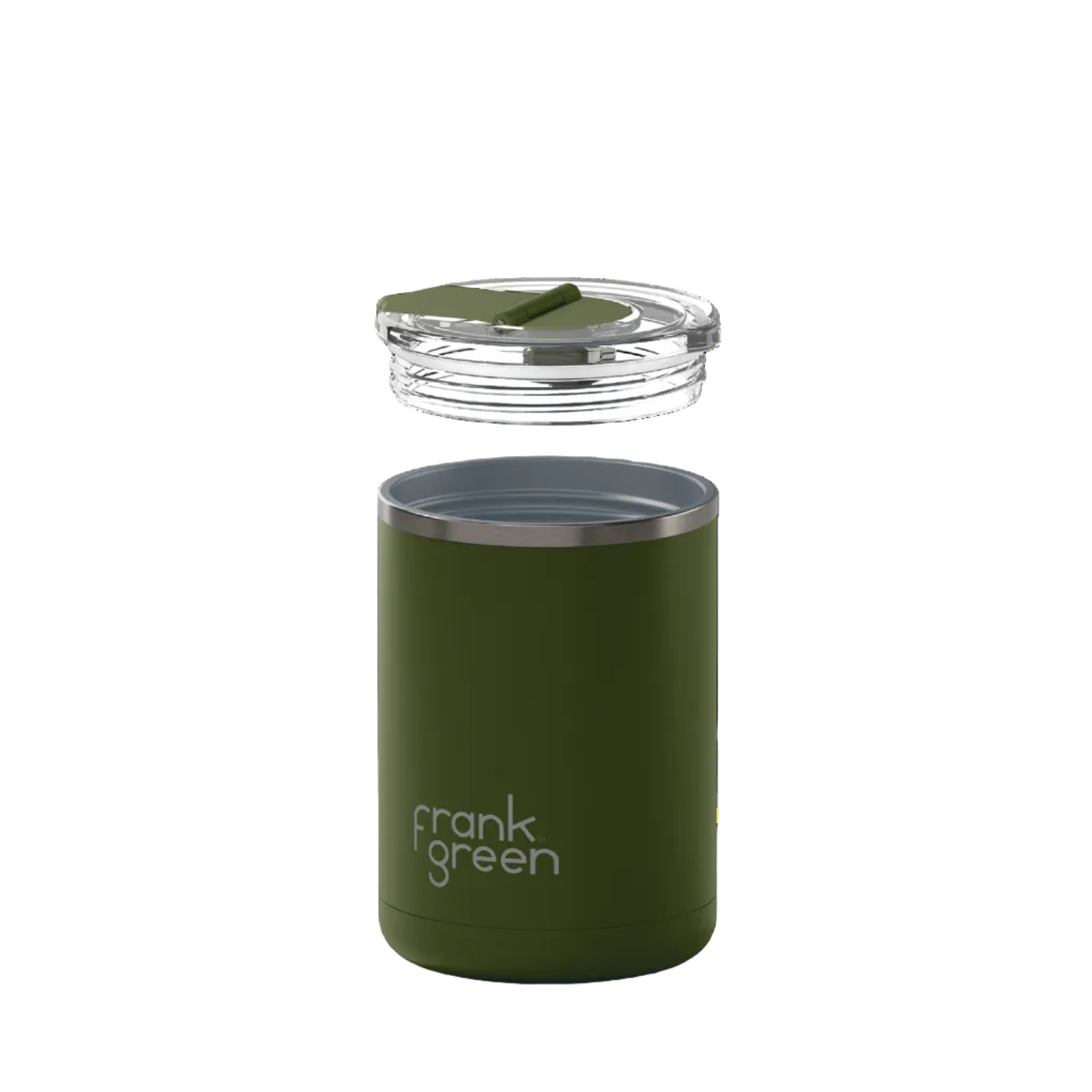 An olive green vacuum-insulated tumbler with a clear lid and green flip straw, shown floating against a solid white background. The brand name 'frank green' is printed in white near the bottom.