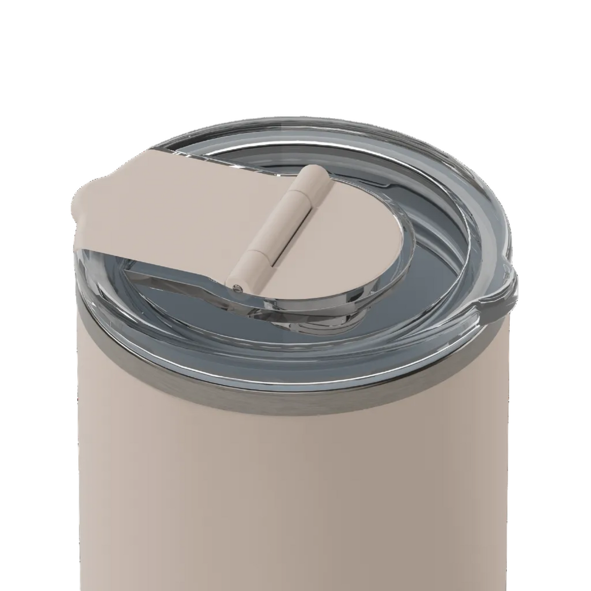 Close-up of a travel tumbler lid with a beige flip-up straw cover and a clear rim, shown on a white background.