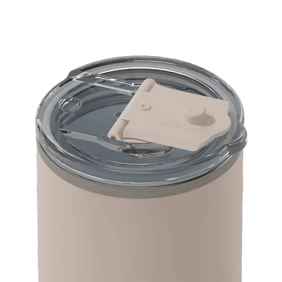 Close-up of a cylindrical tumbler with a clear lid and a beige flip-straw cover, shown on a white background.