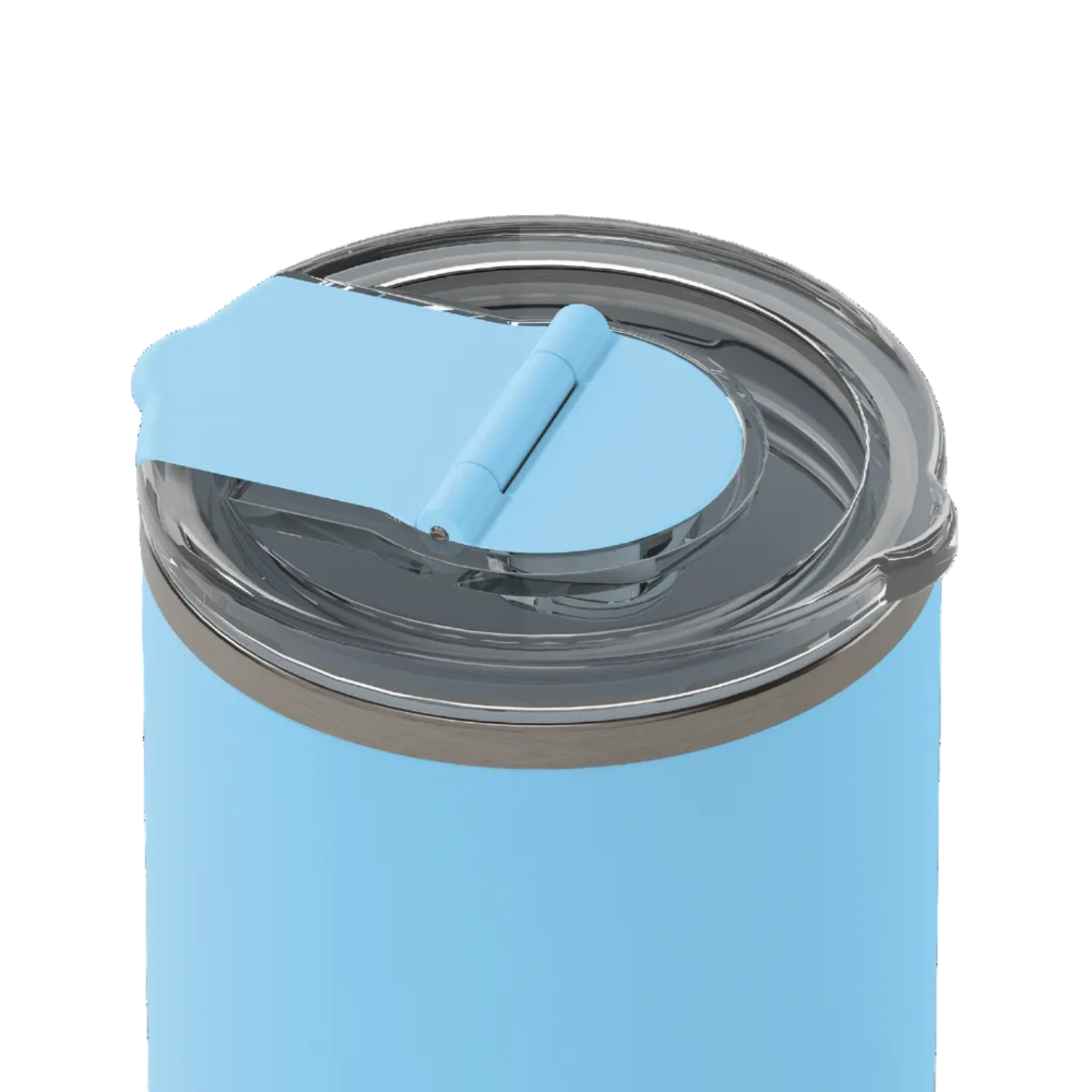 Close-up of a light blue insulated tumbler with a clear lid and light blue flip-up straw cover, shown on a white background.