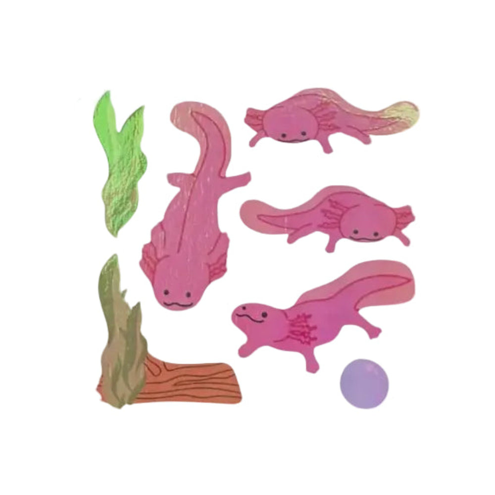 A set of hand-drawn style axolotl fish stickers or decals in pink, with green seaweed and a brown wood piece, on a plain white background.