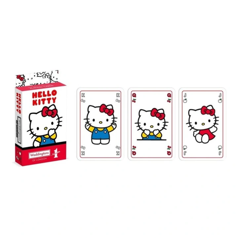 Hello Kitty playing cards set with a red and white box on the left and three individual cards displayed to the right, all featuring Hello Kitty illustrations on a plain white background.