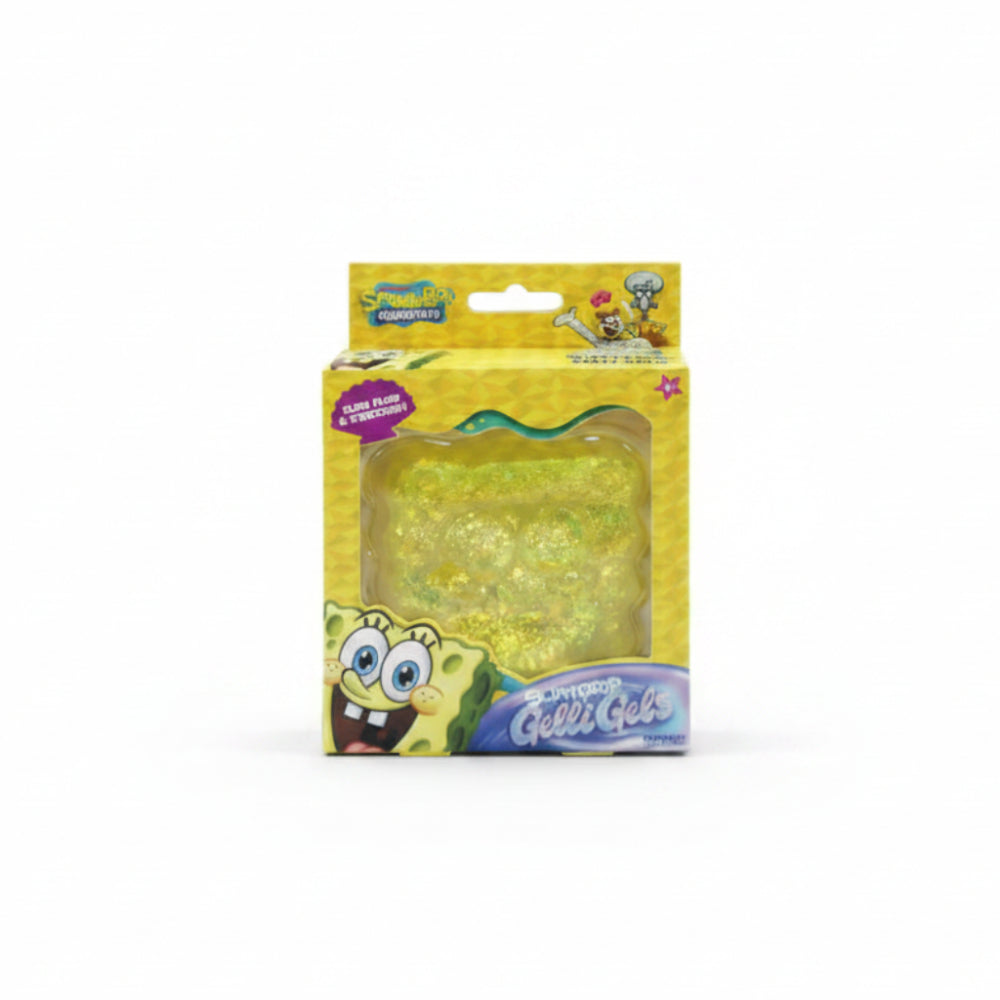 A retail display and individual pack shots of SpongeBob SquarePants Jelly Pets, showing red Patrick Star-shaped jellyfish and green/amber square jellyfish inside yellow packaging.