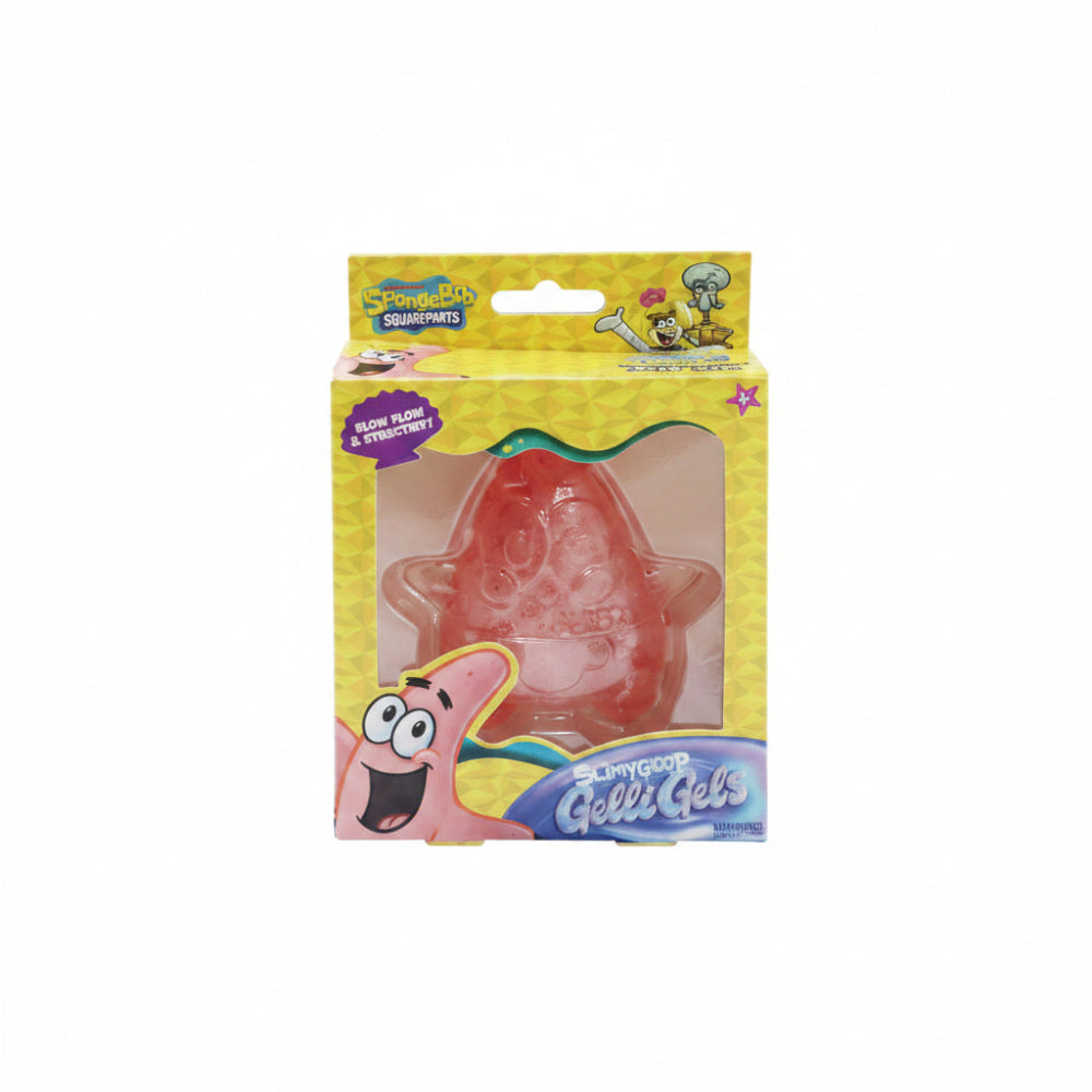 A retail display and individual pack shots of SpongeBob SquarePants Jelly Pets, showing red Patrick Star-shaped jellyfish and green/amber square jellyfish inside yellow packaging.