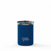 A blue Frank Green vacuum-insulated tumbler with a matching blue lid and a silver rim, shown on a plain white background.