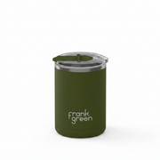 An olive green insulated travel tumbler with a matching lid and a clear plastic straw insert, featuring the 'frank green' logo printed in white on the front, set against a plain white background.