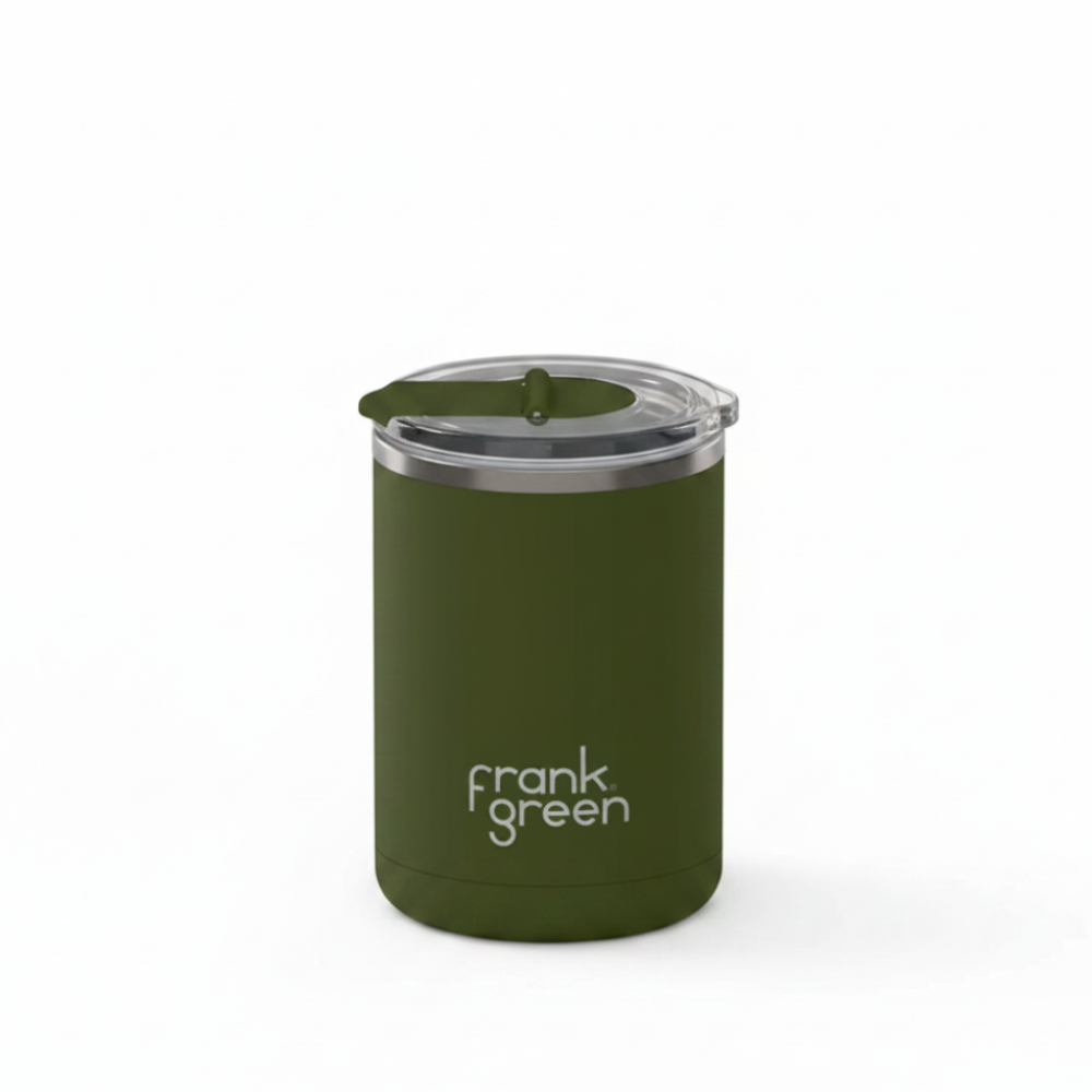 An olive green insulated travel tumbler with a matching lid and a clear plastic straw insert, featuring the 'frank green' logo printed in white on the front, set against a plain white background.