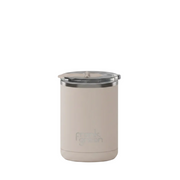 A light beige insulated travel tumbler with a clear lid and a silver metal rim, featuring the 'frank green' logo near the bottom, set against a plain white background.