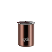 A Frank Green insulated tumbler in a metallic copper/rose-gold finish with a clear lid and dark brown silicone seal, shown on a plain white background.