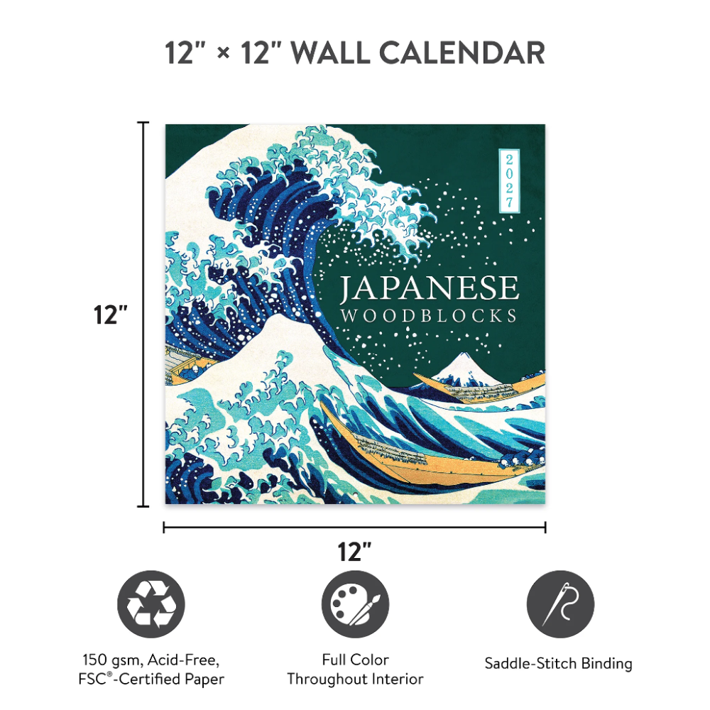 A 12 x 12 inch wall calendar featuring a Japanese woodblock-style wave illustration, shown with dimension lines and feature icons on a white background.