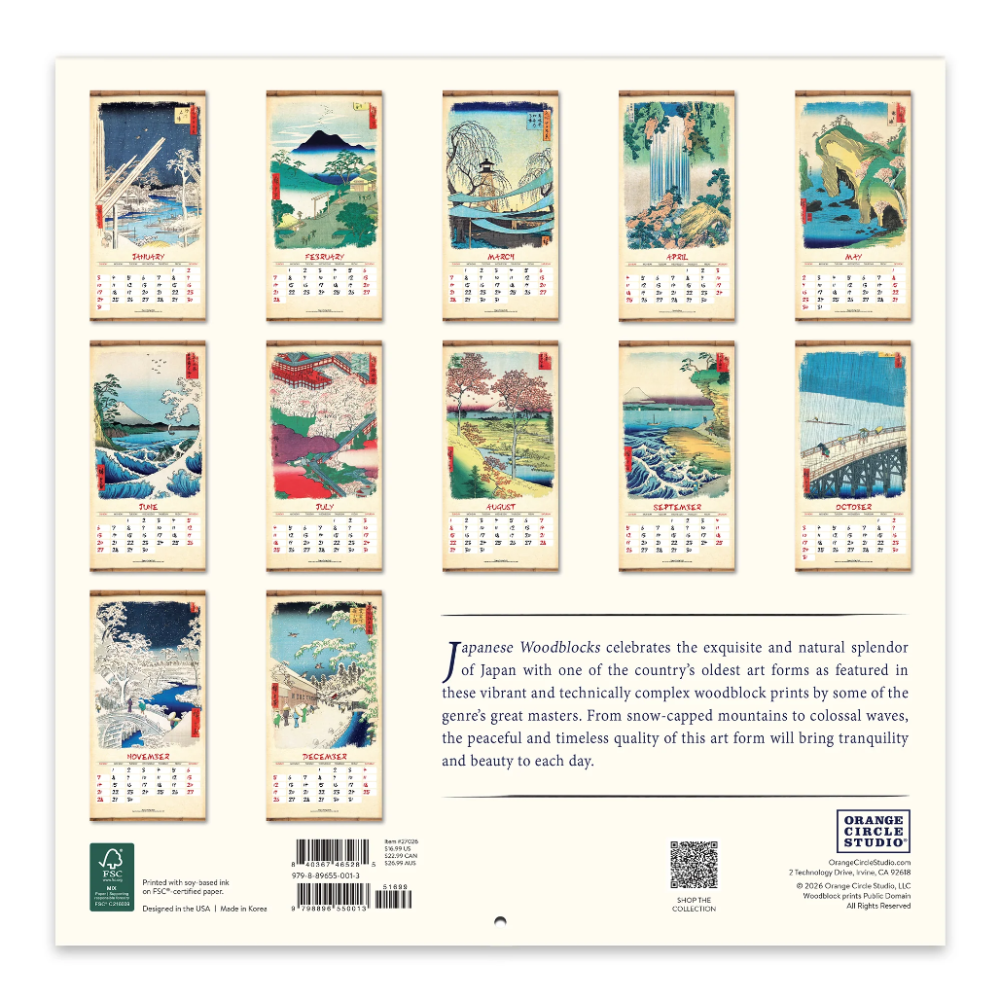 Japanese Woodblocks 2026 wall calendar back view, featuring a grid of 12 vintage-style woodblock art prints with monthly calendar grids, accompanied by descriptive text and product details on a cream background.