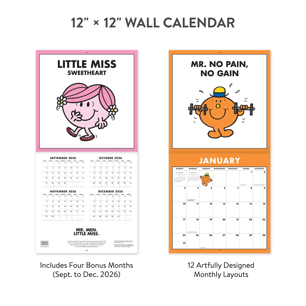 Two calendar pages from a Mr. Men and Little Miss wall calendar, featuring Little Miss Sweetheart and Mr. No Pain, No Gain.