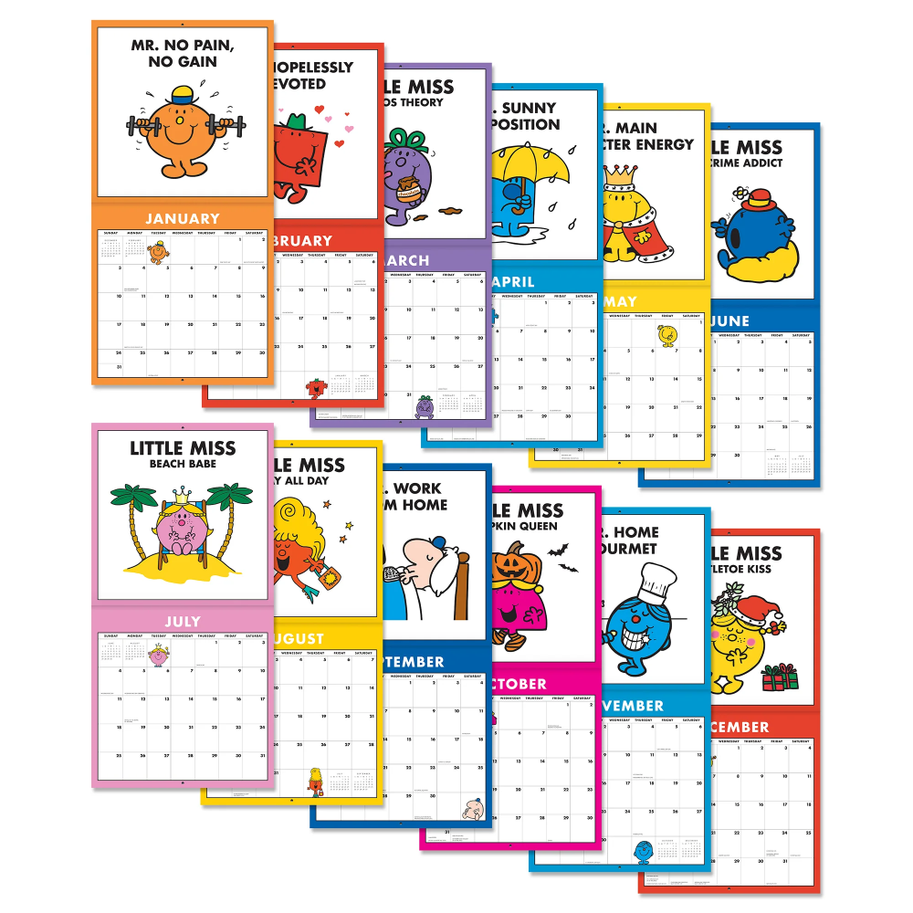 Set of 12 colorful calendar pages with cartoon characters for each month.
