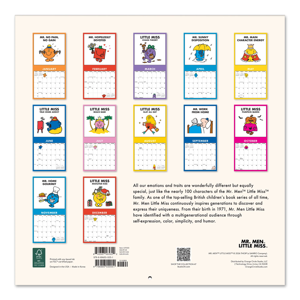 Calendar with Mr. Men and Little Miss illustrations on a beige background