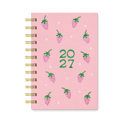 A pink spiral-bound planner or notebook with a strawberry pattern and the year '2027' in green on the cover, shown on a plain white background.