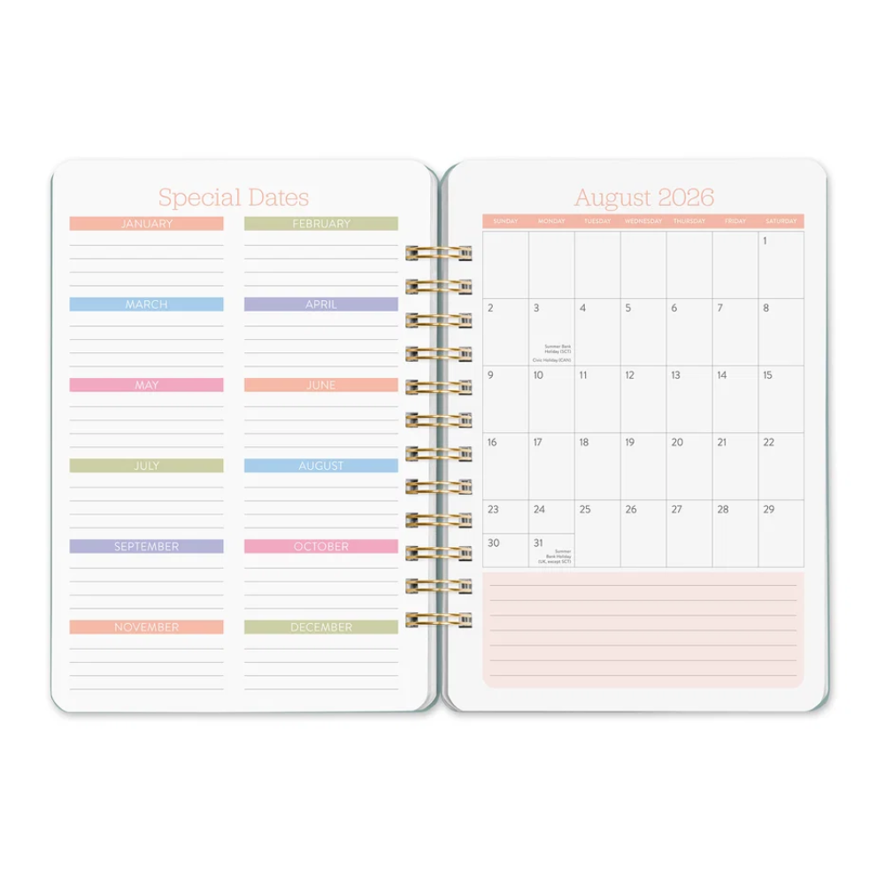 An open spiral-bound planner showing two interior pages: the left page has pastel monthly headers labeled Special Dates, and the right page shows a monthly calendar grid for August 2026 with lined writing space below.