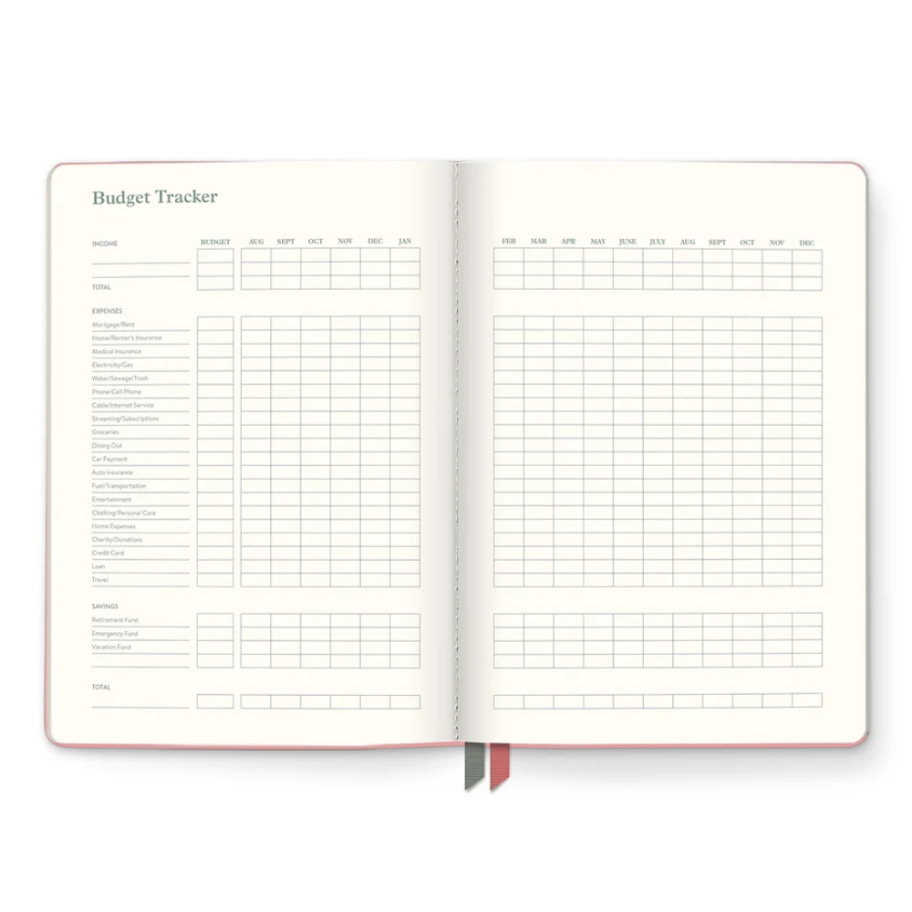 An open budget tracker planner spread on a white background, showing cream pages with printed tables and sections for income, expenses, savings, and debts, with two ribbon bookmarks in red, gray, and green.