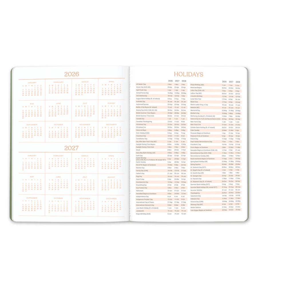 An open planner or calendar showing the years 2026 and 2027 on the left page and a detailed holidays table on the right page, styled on a clean white background.