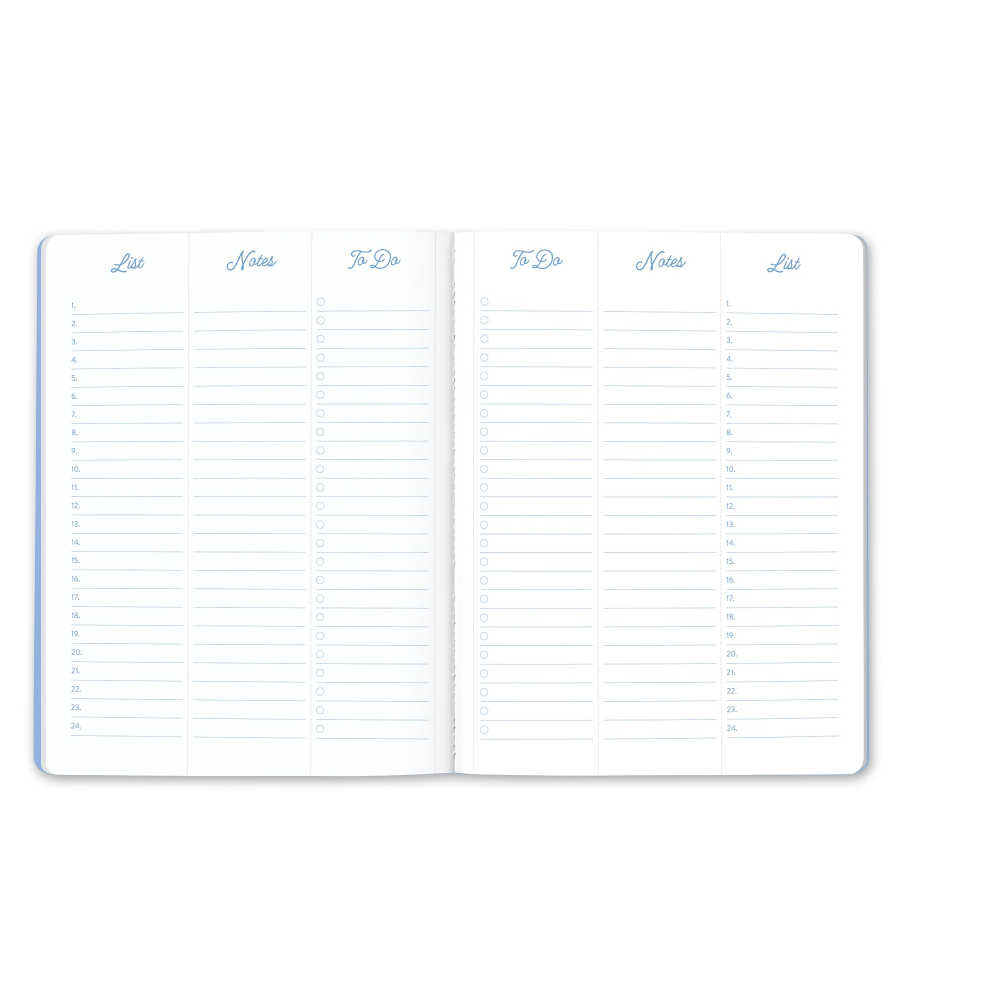 An open planner or notebook showing two printed pages with lined sections labeled List, Notes, and To Do in light blue text and checkboxes, photographed on a white background.