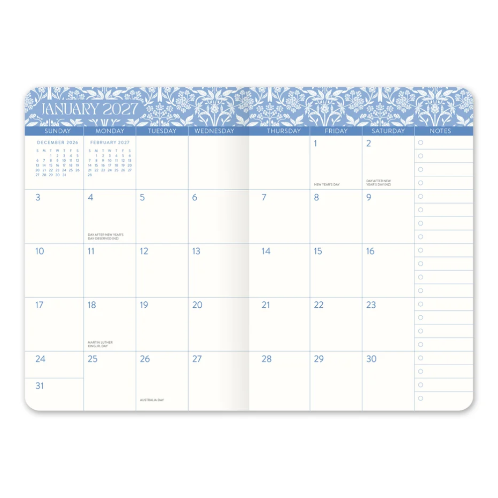 A January 2027 daily planner page from a monthly calendar pad, featuring a blue and white floral patterned header and a clean white grid layout with writing areas on the right.