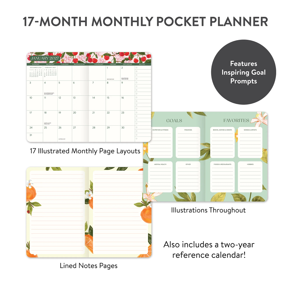 17-month monthly pocket planner with illustrated pages and goal prompts on a white background.