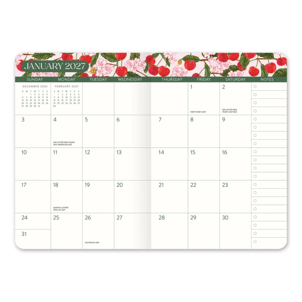 A January 2027 weekly planner calendar page with a cherry-themed header, featuring a pink and red floral pattern with green leaves and cherries above a full calendar grid.