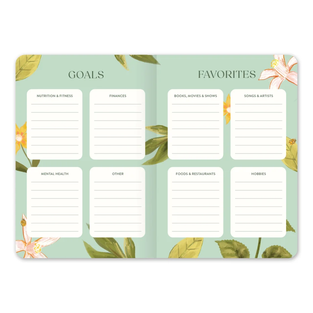 A two-page planner insert or notepad with a light mint green tropical floral design. The left page is titled 'GOALS' and contains six lined boxes for writing down categories such as nutrition, finances, books, mental health, and hobbies.