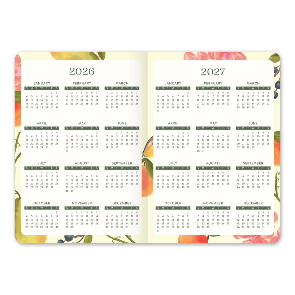 Two-year calendar for 2026 and 2027 with floral design on a white background