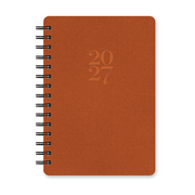 A 2027 spiral-bound planner with a textured orange-brown cover, featuring a debossed '2027' on the front and black wire binding, shown on a plain white background.