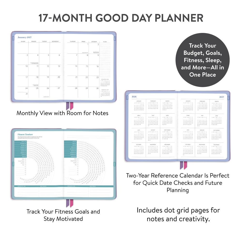 17-Month Good Day Planner with various features and views on a white background