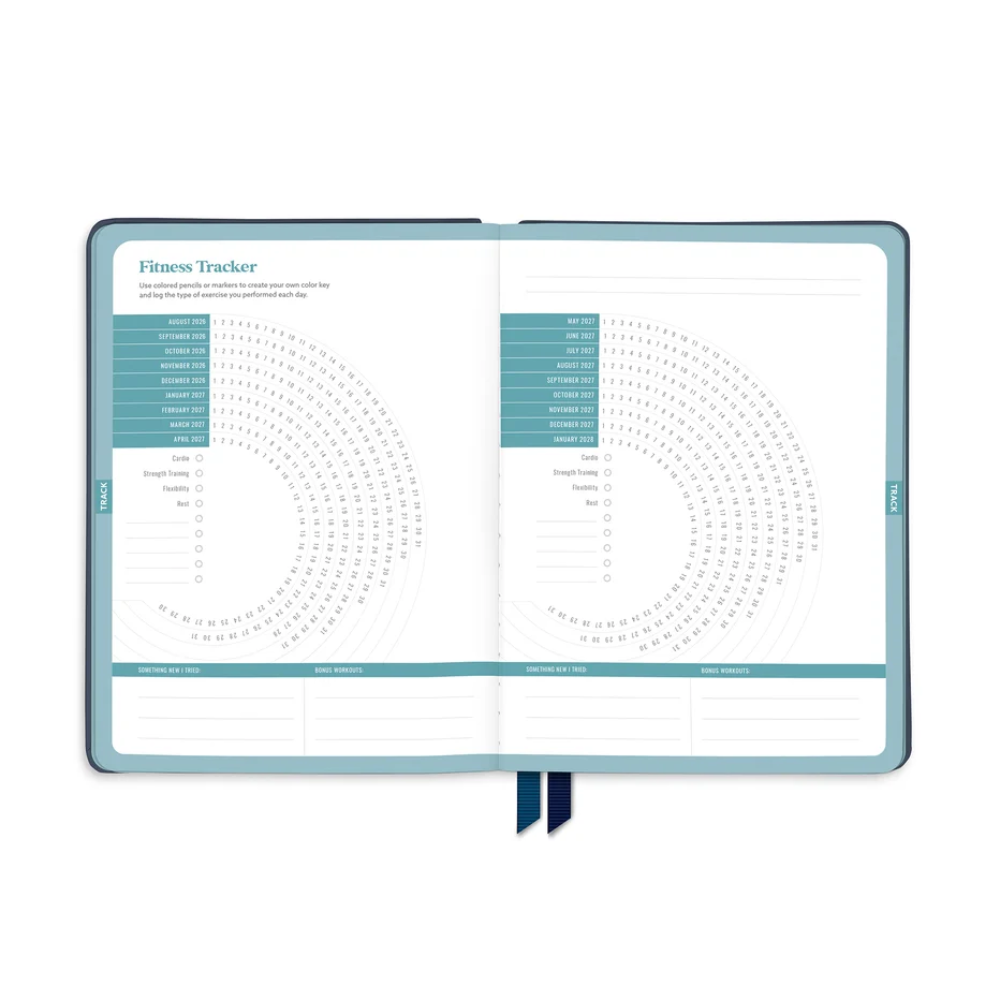 An open planner or notebook showing two interior spread pages with a fitness tracker layout, featuring teal headers, circular progress charts, and dark blue ribbon bookmarks on a white background.