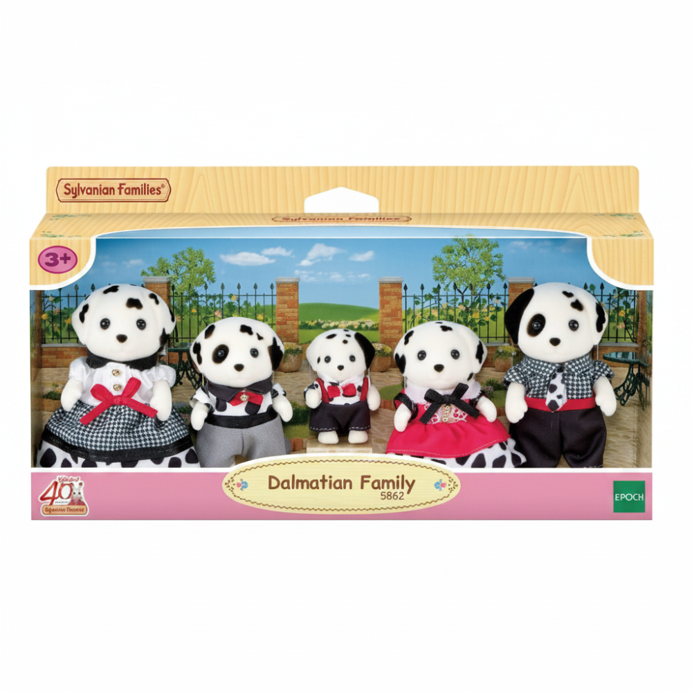 Sylvanian Families Dalmatian Family 5-piece toy set in its original retail packaging, featuring five plush Dalmatian plushies in various outfits.