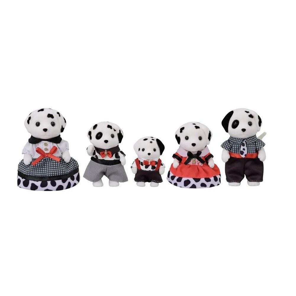Set of five Dalmatian-themed figurines on a white background