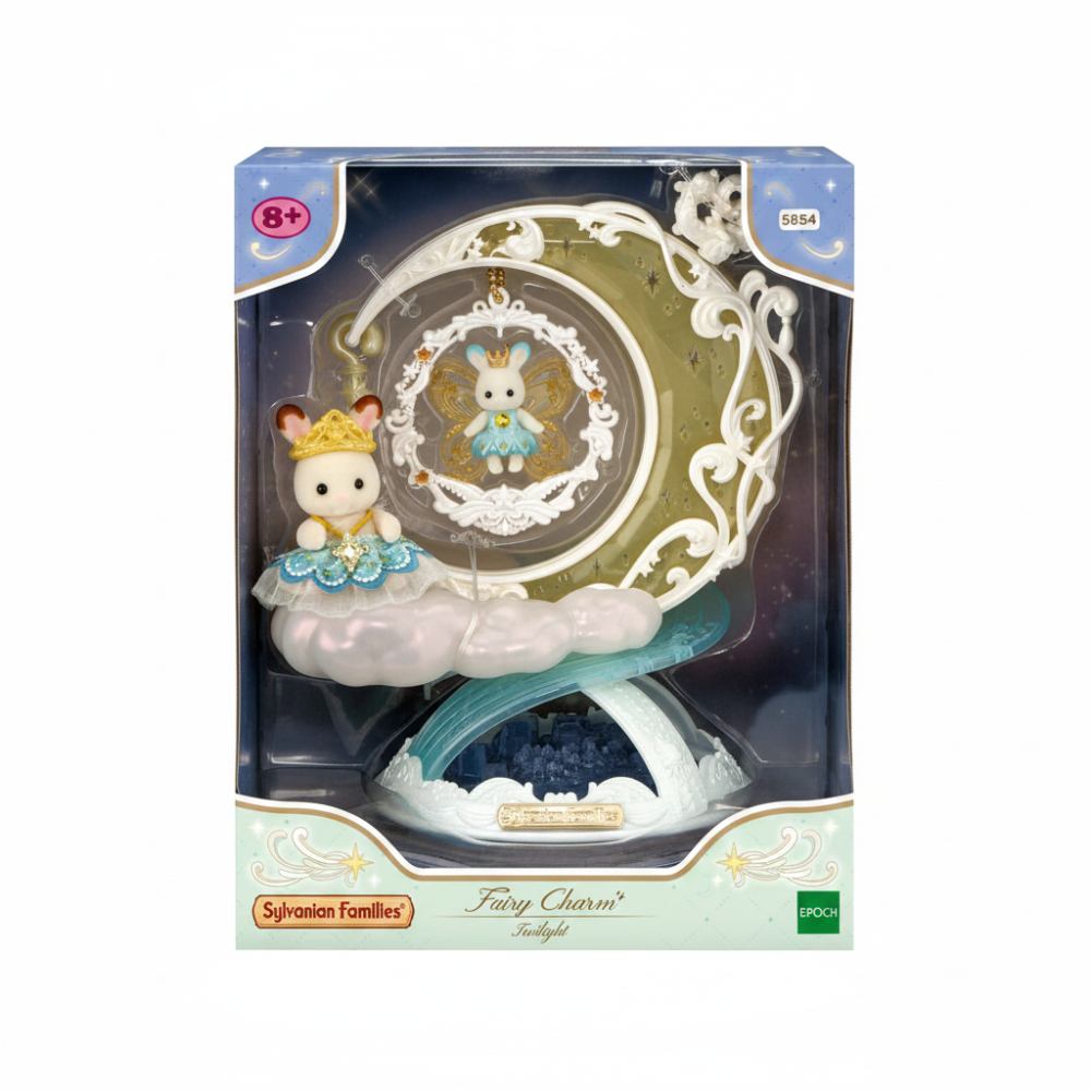 Sylvanion Families Fairy Charm Twilight Twilight Night Light set in its original retail packaging. The product features a white bunny character wearing a gold crown and blue dress, resting on a cloud-shaped base with a large decorative circular frame and a blue starry night sky interior.