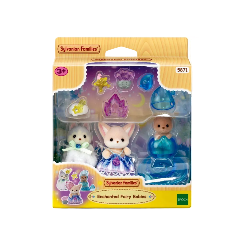 Sylvanian Families Enchanted Fairy Babies toy set in its original retail packaging, featuring three small animal figurines and multiple accessory gems and hats.