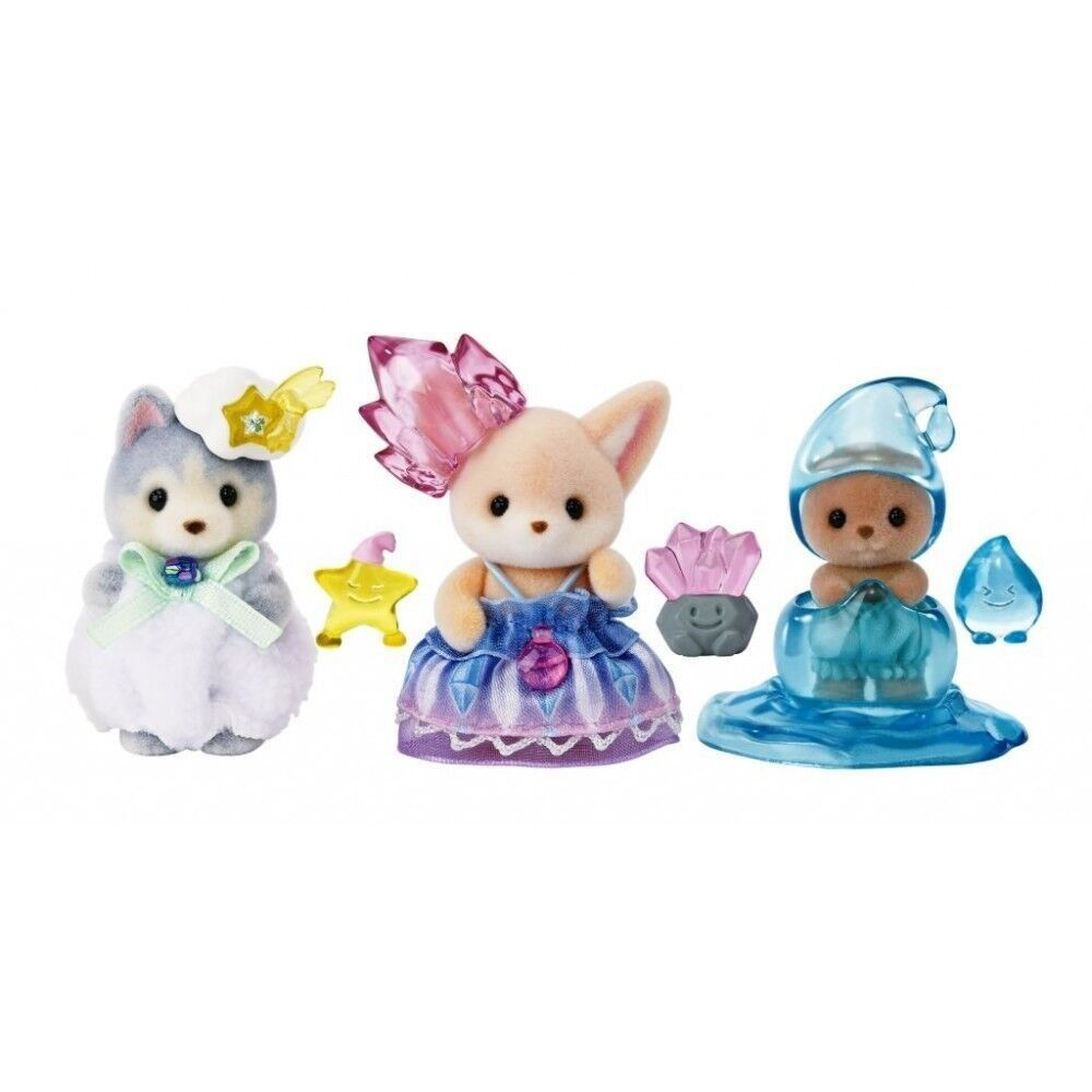 Three small animal figurines with accessories on a white background