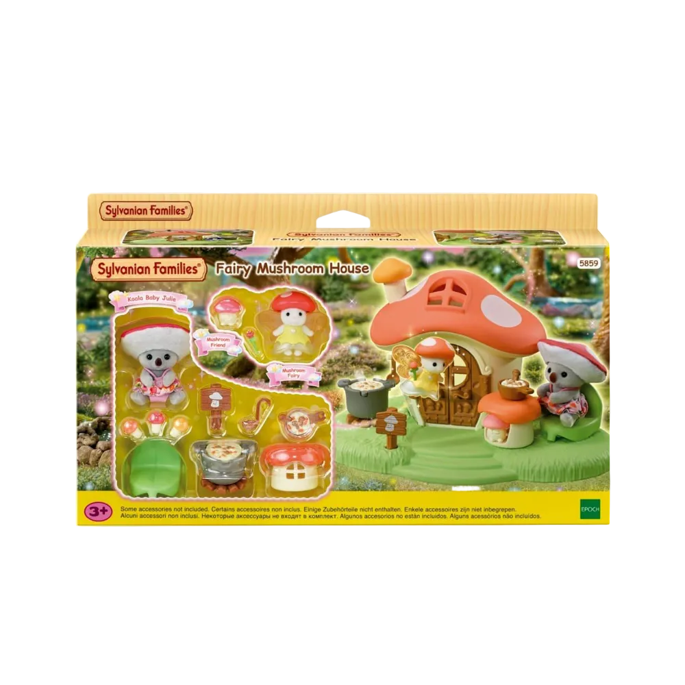 Sylvanian Families Fairy Mushroom House toy set in its original retail packaging, featuring a small animal character and accessories.